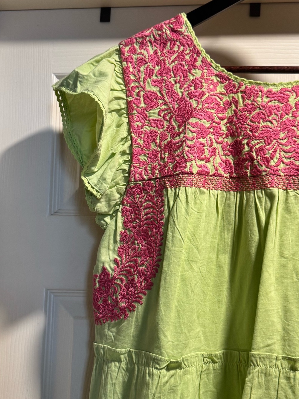 J.Marie Lime Green Dress with Pink Embroidered Yoke Size Medium - Picture 2 of 6